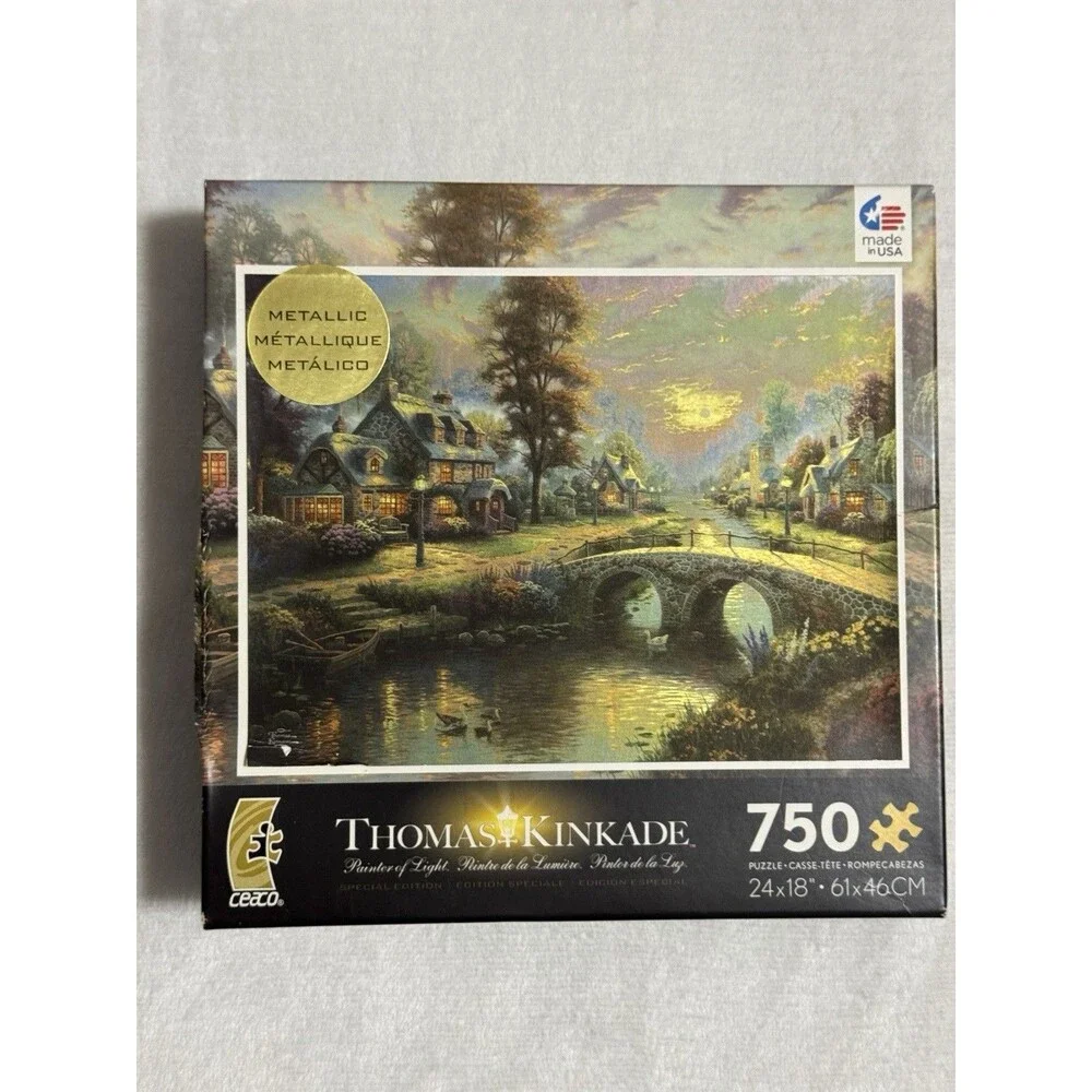 Thomas Kinkade Metallic Sunset Lamplight Lane River Queen 750 pc Lot 3 Puzzles